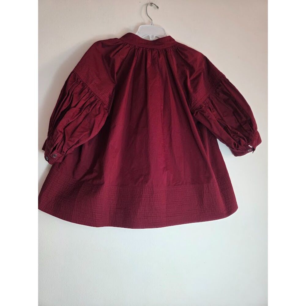 CO Women Dark Red V-Neck Puff Sleeve Poplin 100% Cotton Boxy Blouse size Small - Picture 3 of 9
